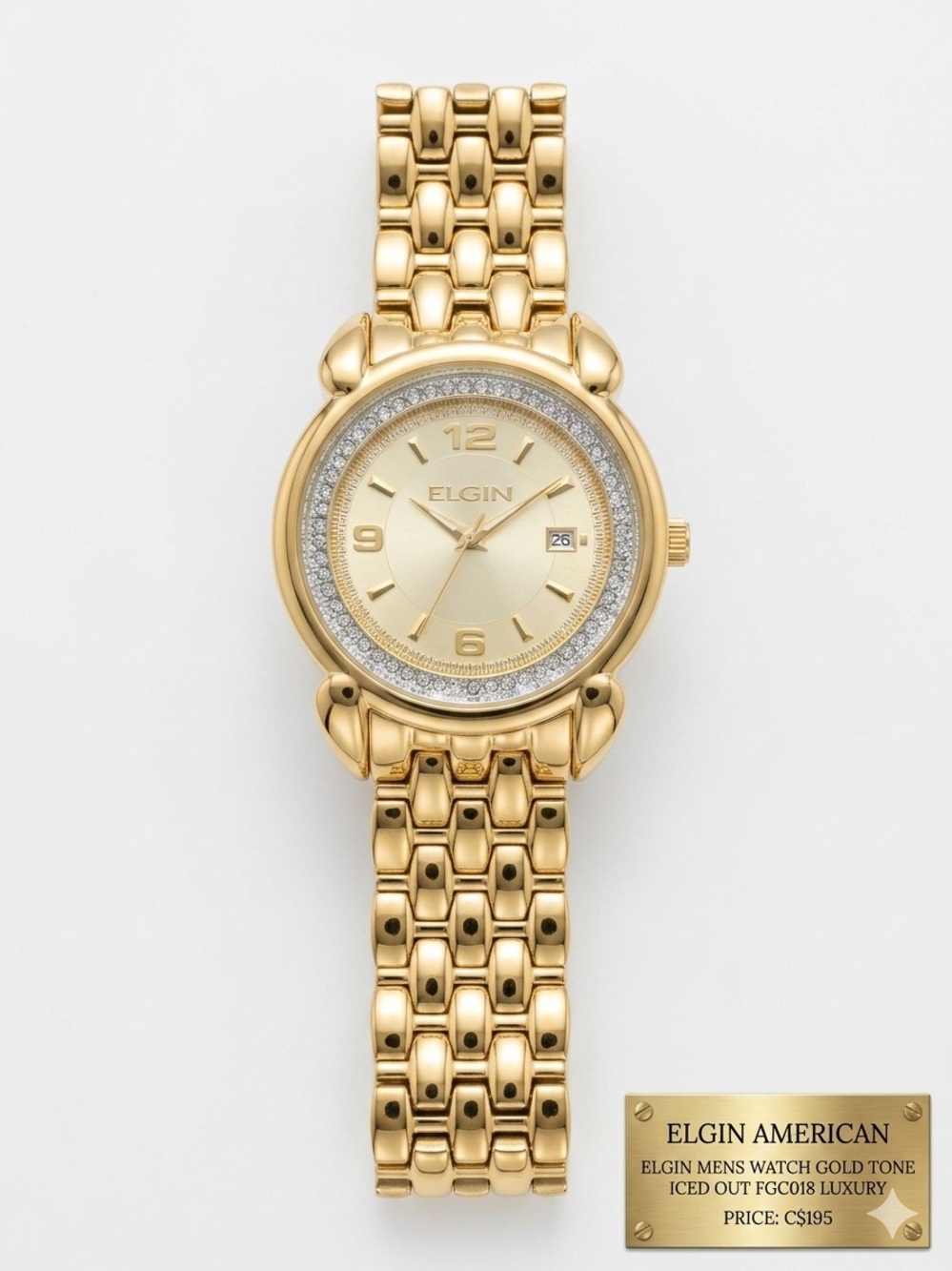 Elgin Mens Watch Gold Tone Iced Out FGC018 Luxury “diamond style” luxury